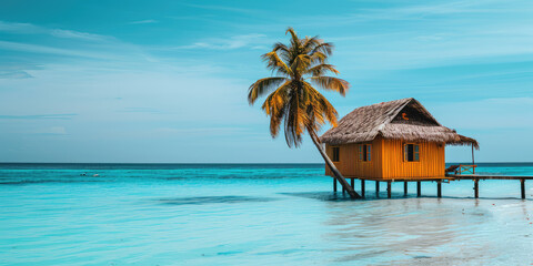 Bungalow in the middle of clear blue water at a tropical resort, an exotic vacation. 