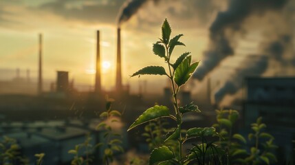 Obraz premium Industrious dawn: a plant against factory backdrop