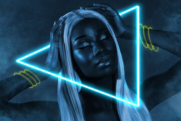 Creative poster collage of attractive female dance enjoy nightclub triangle neon light clubbing...