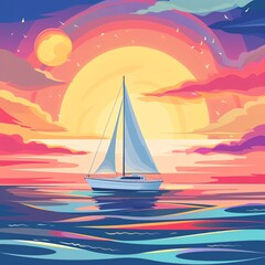 Naklejka premium A beautiful sunset over the ocean. The sky is a gradient of orange, pink, and purple, and the water is a deep blue. A lone sailboat is silhouetted against the setting sun.