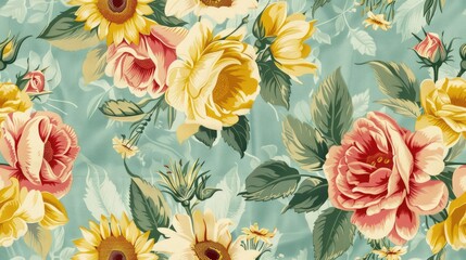 Design Tulip, Rose, Sunflower flower wallpaper seamless pattern vintage nature floral background for fabric print design