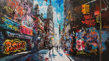 A vibrant street art scene, capturing the dynamic energy and textures of graffiti
