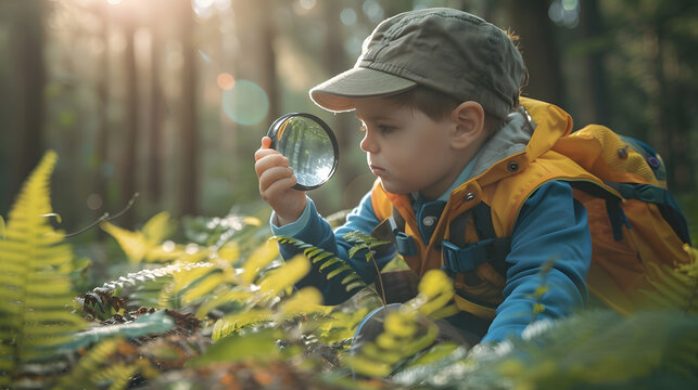 Preschooler boy is exploring nature with magnifying glass Little child is looking on leaf of fern with magnifier Summer vacation for inquisitive kids in forest Hiking Boyscout : Generative AI