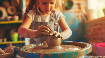 Child working on pottery wheel Kids arts and crafts class in workshop Little girl creating cup and bowl of clay Creative activity for young children in school Cute kid forming toy with : Generative AI