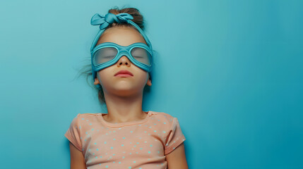 Little cute girl in a sleep mask wants to sleep on a blue background Problems of insomnia in children : Generative AI - Powered by Adobe