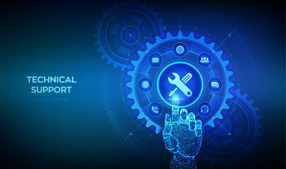 Technical support. Customer help. Tech support. Customer service, Business and technology concept. Wireframe hand touching digital interface with connected gears cogs and icons. Vector illustration.