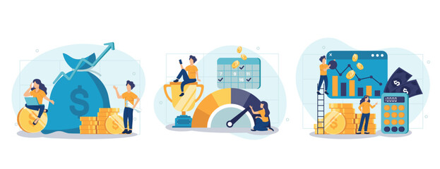 Naklejka premium Cost optimization concept set. Idea of financial and marketing strategy. Cost and income balance. Spending and cost reduction, while maximizing business value. Isolated flat illustration vector