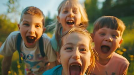 summer childhood leisure and people concept  group of happy kids having fun and making faces outdoors : Generative AI