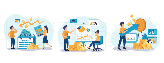 Cost optimization concept set. Idea of financial and marketing strategy. Cost and income balance. Spending and cost reduction, while maximizing business value. Isolated flat illustration vector