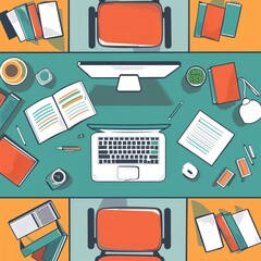 Fototapeta premium An illustration of a desk with a laptop, books, and other office supplies. The desk is organized and has a modern feel.