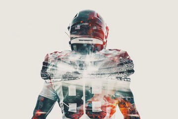 A double exposure photo of an American football player's back, with the stadium and field below him Generative AI