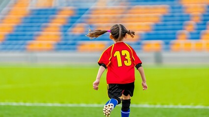 Obraz premium A young girl football player in colors of national spain football team plays with her feet a soccer ball. illustrations in cartoon style on sport stadium background for children