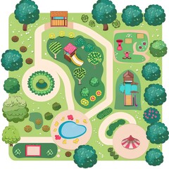 Design a colorful and detailed map of a children's playground, complete with various play structures, trees, and pathways.