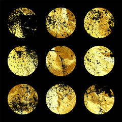 Grunge gold foil, shiny handmade circles. Golden glittering texture, pattern. Luxury shining hand drawn background. Wedding, greeting card decoration elements. Modern art. Vector illustration