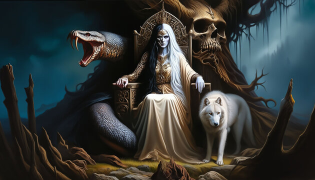 Mystic Dualism of Hel: Between Life and Death, The Norse goddess, half living half dead. Accompanied by Fenrir and the Midgard Serpent. Daughter of Loki. World tree Yggdrasil. Valhalla. Generative AI	