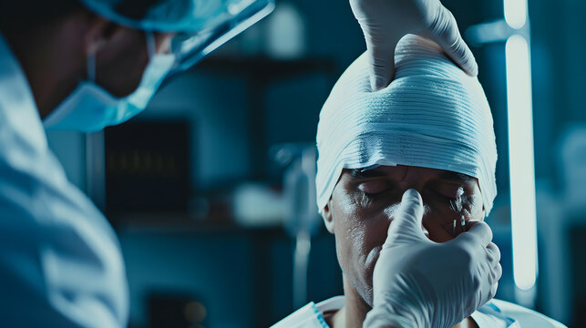 Sports injury Doctor makes bandage on head patient in the hospital : Generative AI