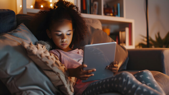 Biracial girl enjoys a tablet on a cozy sofa at home with copy space shes immersed in digital learning or entertainment showcasing modern childhood : Generative AI