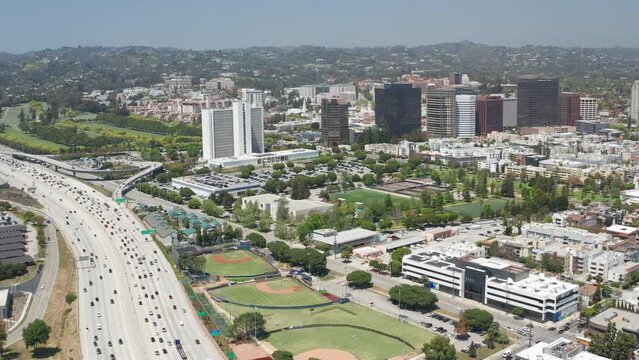 Aerial shot of Santa Monica, Los Angeles, Century City, Westwood, Traffic 21