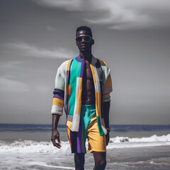 Youth black man model in urban multicolor style clothes posing at sandy summer beach.