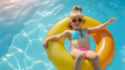 Cute funny toddler girl in colorful swimsuit and sunglasses relaxing on inflatable toy ring floating in pool have fun during summer vacation in tropical resort Child having fun in swim : Generative AI