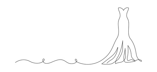 Wedding dress in one continuous line drawing. Fashion clothes symbol for bridal shop and invitation design in simple linear style. Editable stroke. Doodle vector illustration