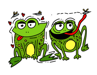 frog cute animal sitting cartoon. Two frogs with mosquitoes. hand drawing. Not AI, Vector illustration
