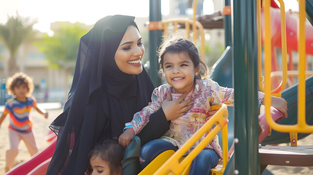 Cinematic image of a woman from the emirates with her children having fun at the playground : Generative AI - Powered by Adobe