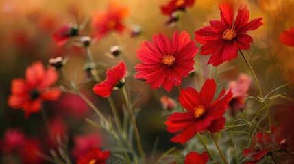 Beautiful Macro Image of Red Cosmos Flowers in a Garden