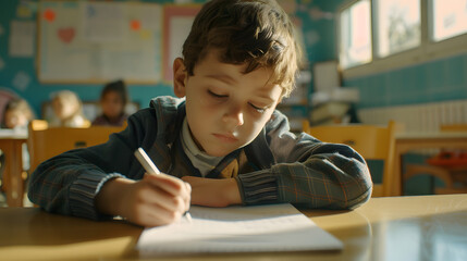Caucasian young boy student doing an exam test at elementary school Adorable children sitting indoors on table feeling upset and depressed while writing notes learning with teacher at  : Generative AI