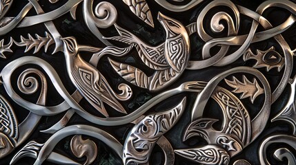 A detailed arrangement of Celtic animal motifs, including stylized wolves and birds, artistically rendered in silver against a black backdrop, Close up