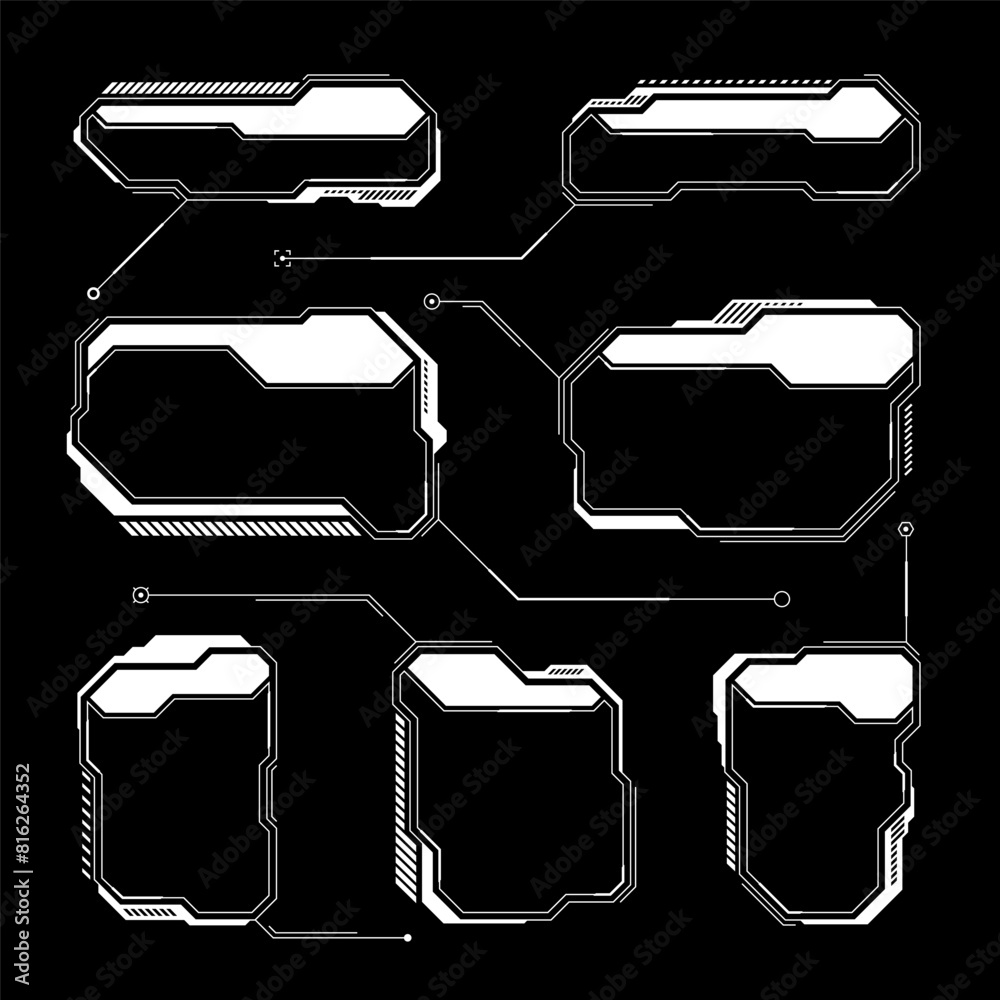 Poster White futuristic HUD, UI elements. Sci-fi user interface text boxes, callouts. Warning message frames, information boxes template. Modern game interface layout in digital style. Vector illustration
