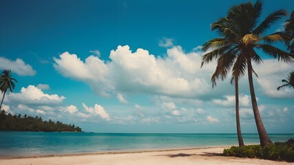 Abstract blue sky and white clouds with a palm tree on a tropical beach. Copies of the notion of business and summer travel spaces. Color style with a vintage tone filter effect