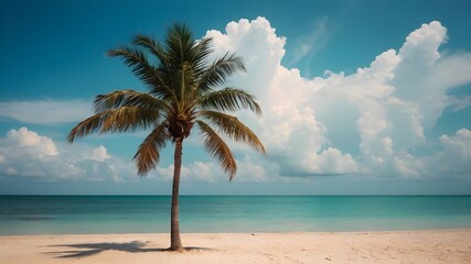 Abstract blue sky and white clouds with a palm tree on a tropical beach. Copies of the notion of business and summer travel spaces. Color style with a vintage tone filter effect