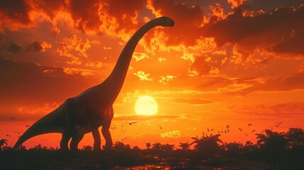 A dramatic sunset scene with a silhouette of a Brachiosaurus, its neck stretching towards the fading sun, set in a prehistoric landscape, Close up