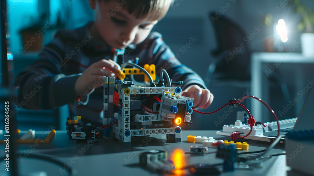 Leinwandbilder Robotics programming class Children construct and code Robot STEM education using constructor blocks and laptop remote control joystick Technology educational development for school ki : Generative AI