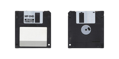 Isolated Retro 3.5” Floppy Disk with front and back side on transparent background, old vintage storage png diskette