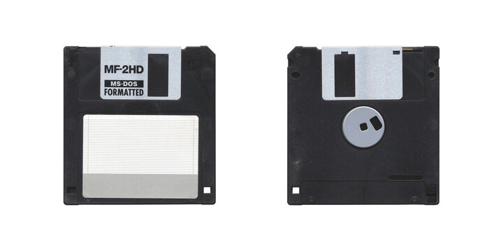 Isolated Retro 3.5&rdquo; Floppy Disk with front and back side on transparent background, old vintage storage png diskette