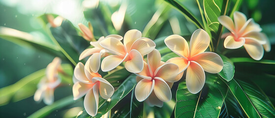 Fototapeta premium Fragrant Plumeria Flowers in Full Bloom, Exotic and Fresh Floral Beauty in Tropical Garden