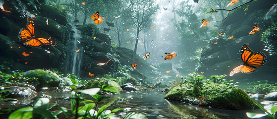 Forest River Flowing Through a Verdant Landscape, Surrounded by Autumn Colors and Misty Waterfalls