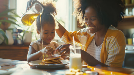 African american smiling mother pouring honey on pancakes while having breakfast with daughter Unaltered family togetherness childhood food fresh dining table and home concept : Generative AI