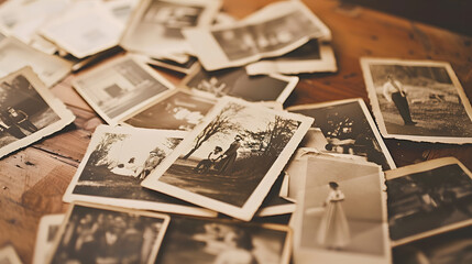 old vintage monochrome photographs pictures taken in 1968 in sepia color are scattered on a wooden table concept of genealogy the memory of ancestors family ties memories of childhood : Generative AI
