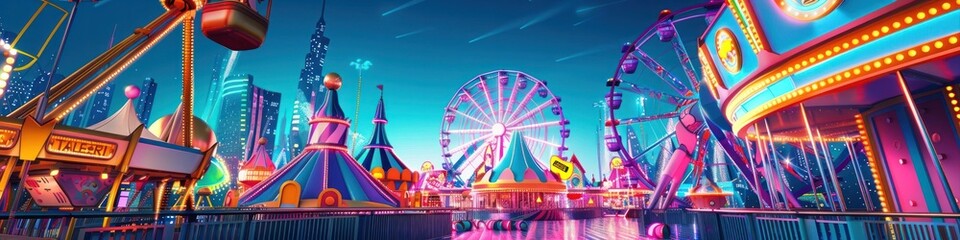 Vibrant Futuristic Carnival Scene with Colorful Rides and a Mother and Baby in a Stroller