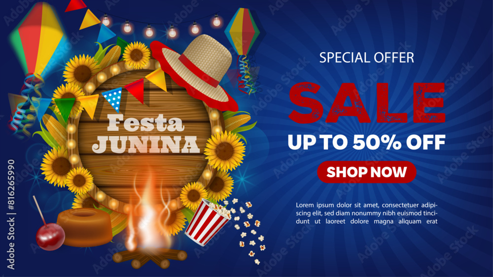 Canvas Prints festa junina sale banner with wooden signboard, wicker hat, colorful pennants and lanterns