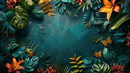 Obraz premium Tropical jungle with flower copy space, whimsical colorful photorealistic jungle vegetation vignetted background.