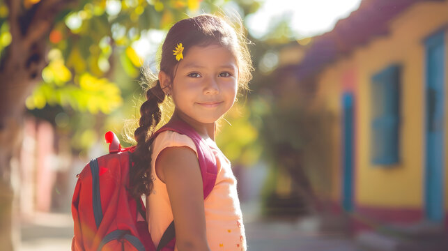 Hispanic girl ready to go to school in rural area  Latin girl on her way to school  Happy Mayan girl in the village : Generative AI
