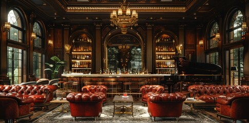 The bar room is luxurious and grand with a grand piano and red sofas