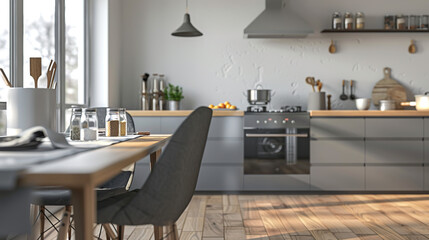 Bright minimalistic kitchen interior with gray furniture and big dining table. AI Generative