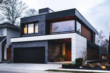 A modern minimalist style house with a car garage