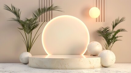   podium product platform 3D display stage stand neutral color green plants background