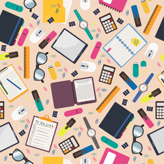 Hand drawn seamless pattern with stationery and office supplies in flat style. Background with office objects and business workflow items